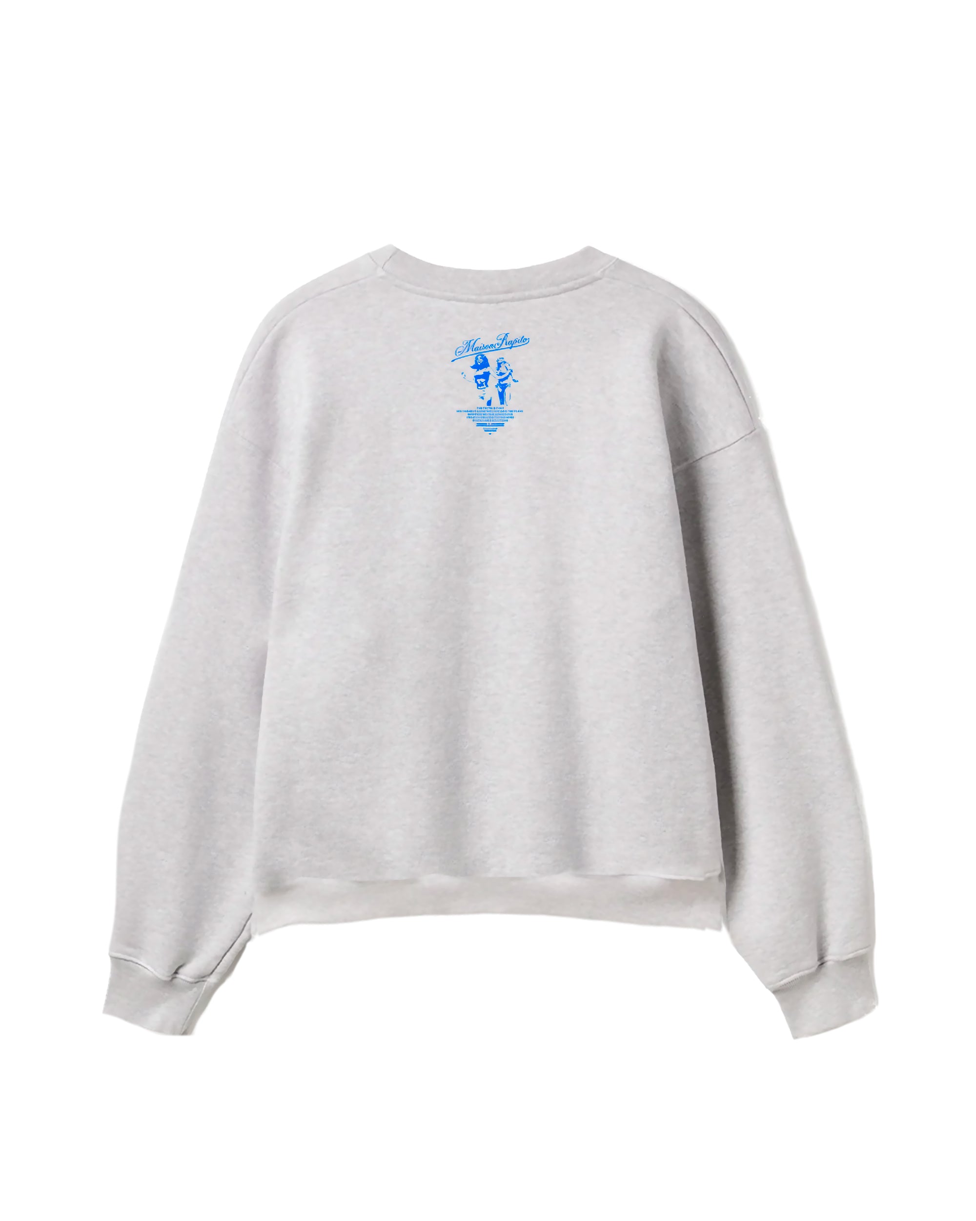 Gray sweatshirt with a blue graphic on the back against a white background