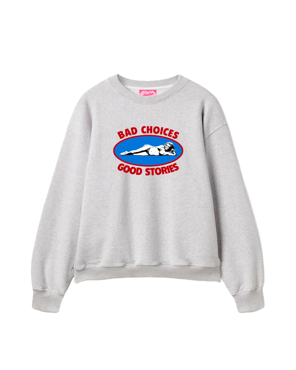 Gray sweatshirt with graphic design and text on a white background