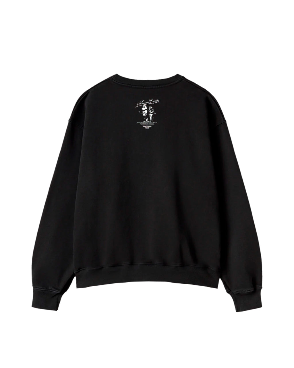 Black sweatshirt with a small white graphic on the back against a white background