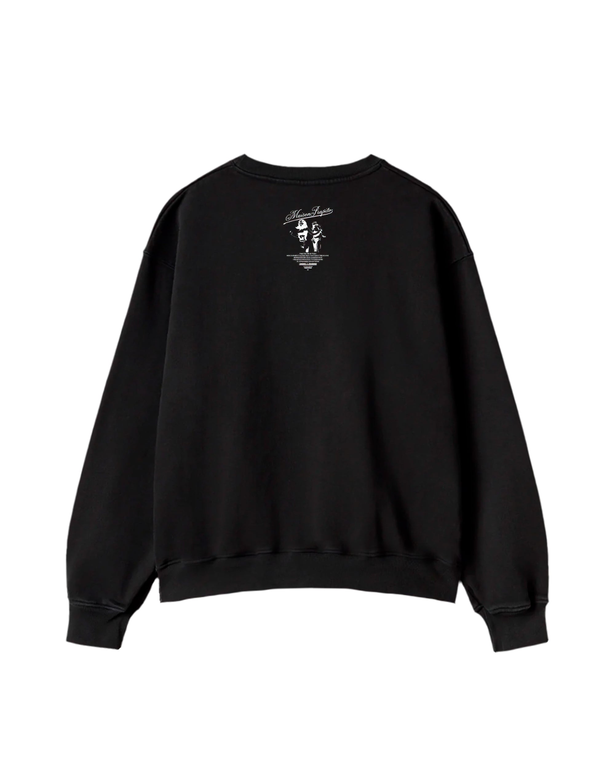 Black sweatshirt with a small white graphic on the back against a white background