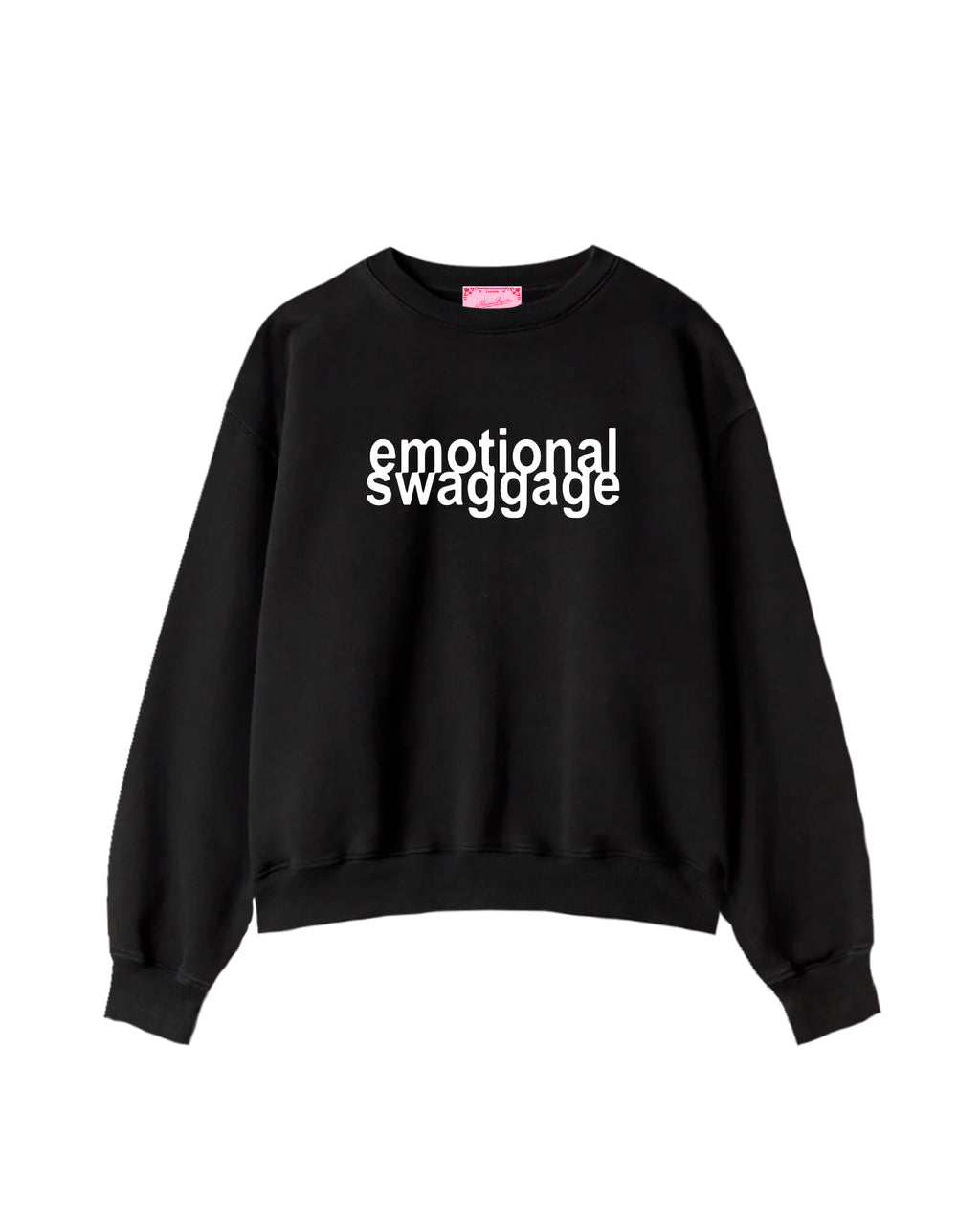 Black sweatshirt with 'emotional swaggage' text on a white background
