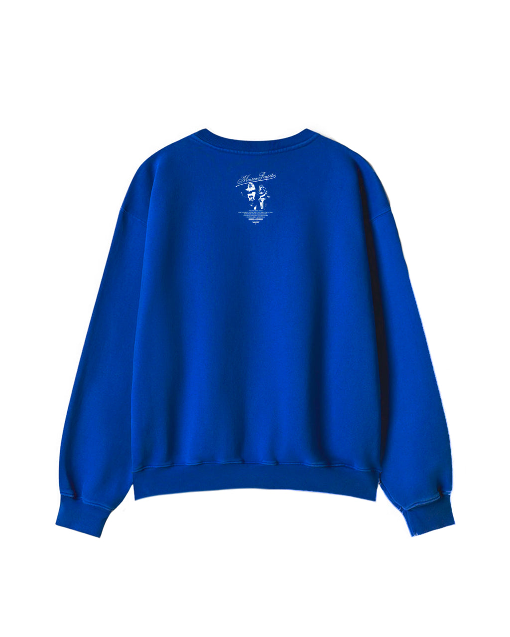 Blue sweatshirt with a small white graphic on the back against a white background