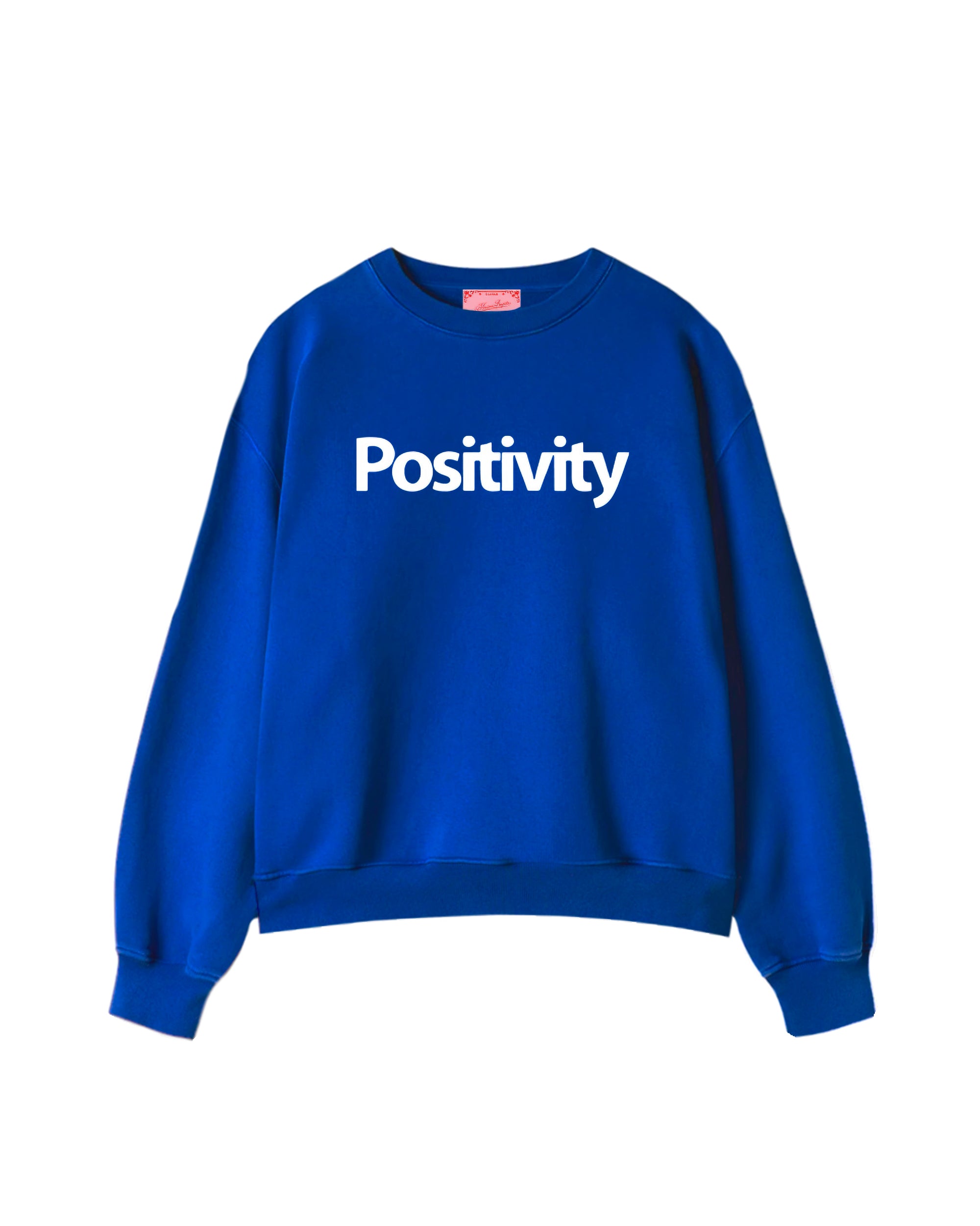 Blue sweatshirt with 'Positivity' text on a white background